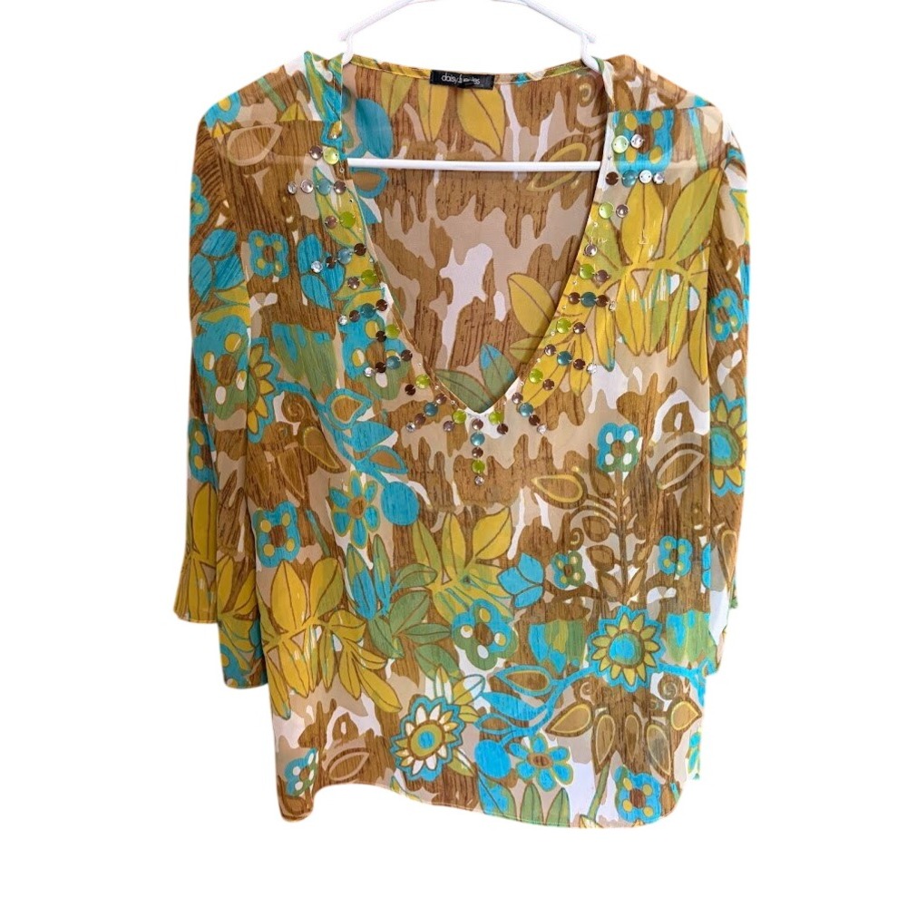 Daisy Fuentes‎ Woman Floral Sheer Tunic Top Sequin V-Neck 1X Brown Yellow Blue